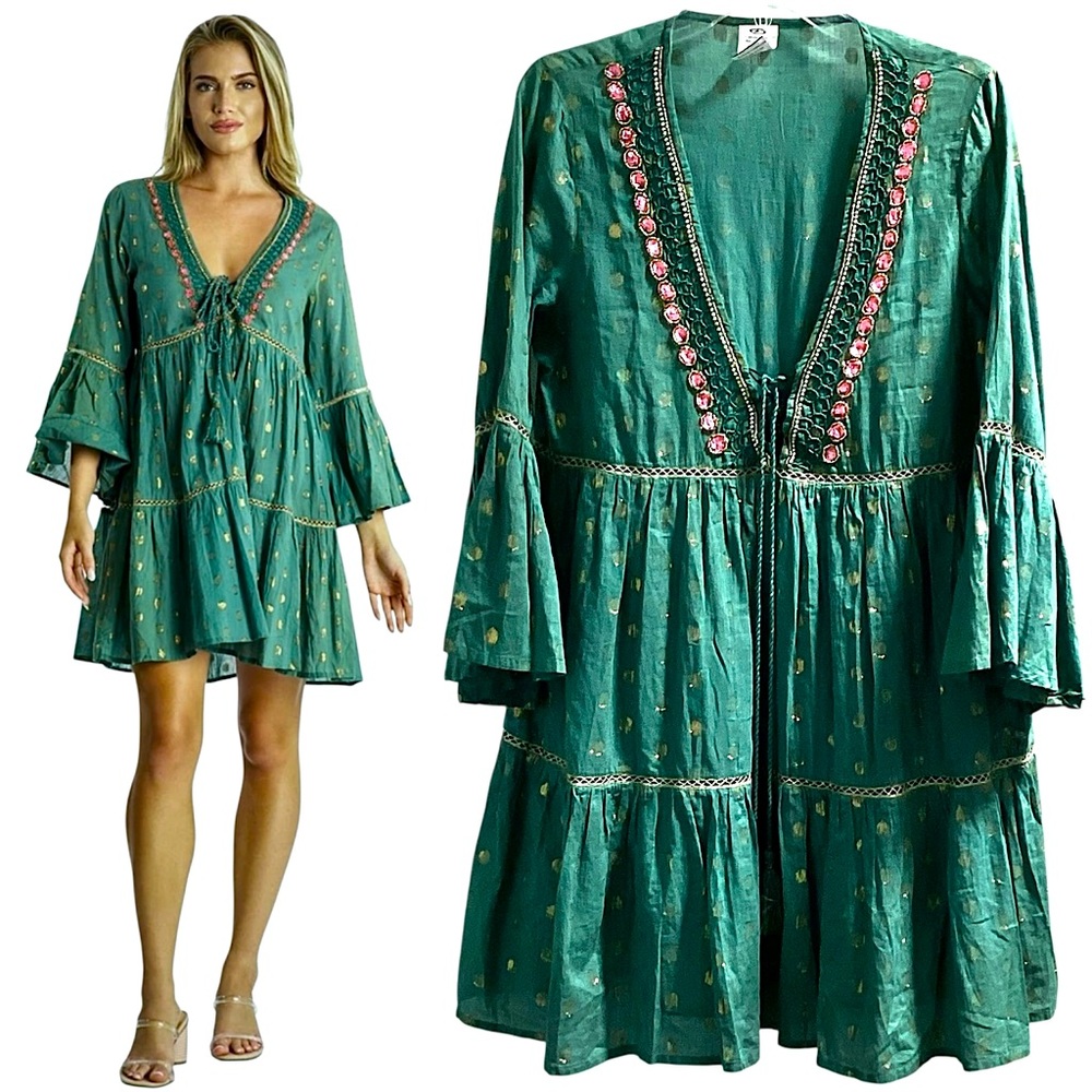 Green Embroidered and Beaded Mini Dress